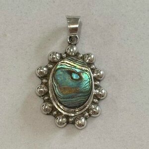 Vintage Taxco Mexico 925 Sterling Silver Abalone Oval Statement Necklace Pendant